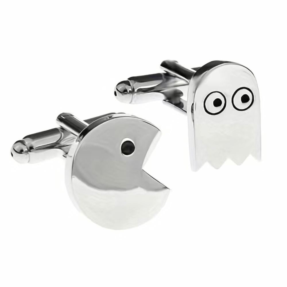Men’s Pac Man & ghost 80s video game novelty silver cuff links
